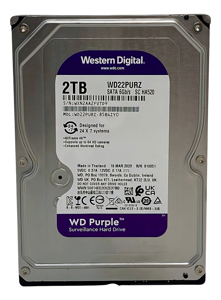 Disco Duro Hdd Western Digital Purple, 2tb, 3.5', 256mb