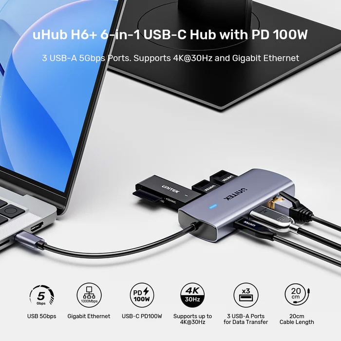 HUB USB-C 6 En 1 Puertos USB-C Con PD 100W