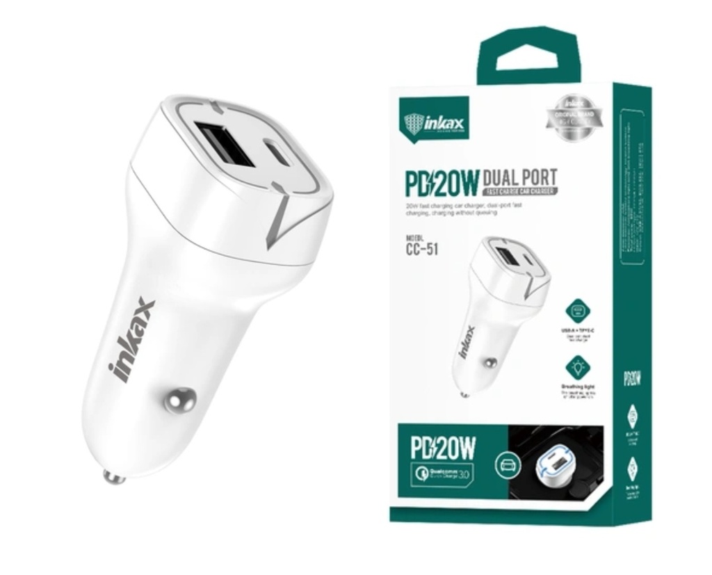 Cargador auto Inkax USB-A+C 3A 20W blanco