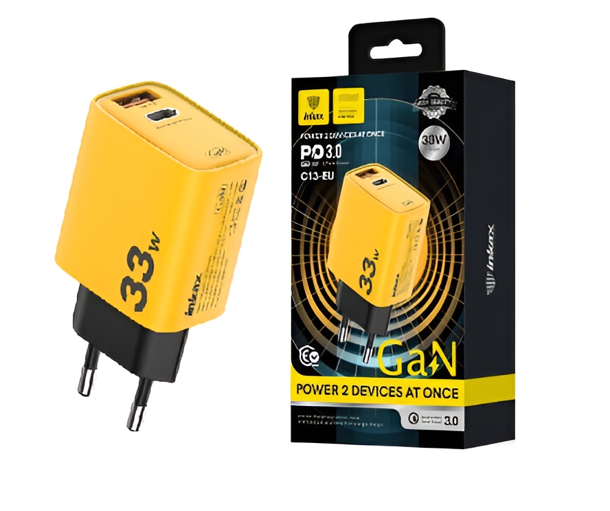 Cargador Inkax USB-A+C 33W amarillo