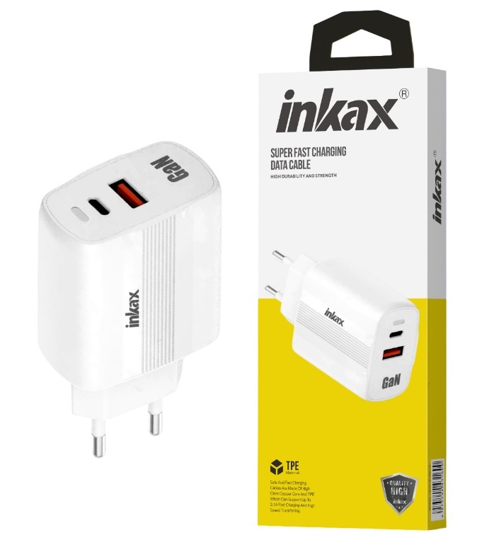 Cargador Inkax USB-A+USB-C GaN 45W blanco