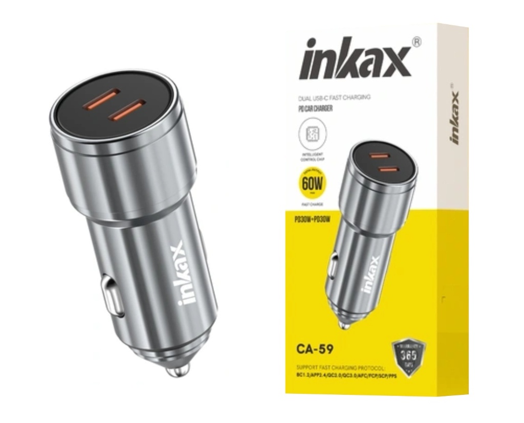 Cargador auto Inkax USB-Cx2 QC3.0 60W gris