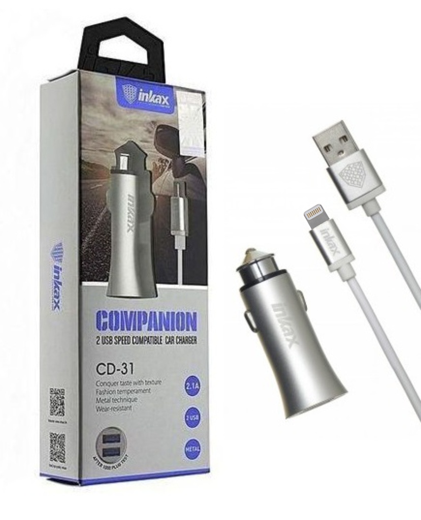 [CD-31] Cargador auto Dual Inkax silver c/Cable Iphone 2.1A