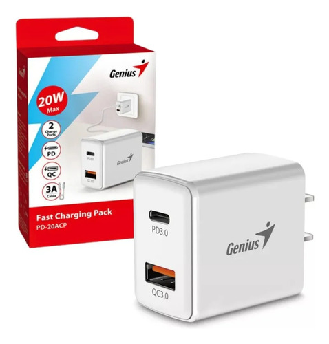 Cargador de Pared 20W USB-A USB-C 12V/1.67A 2 Puertos Genius