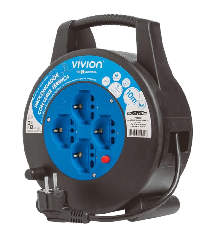 Alargue carrete 10 metros 4xSchuko a ficha Schuko Conatel